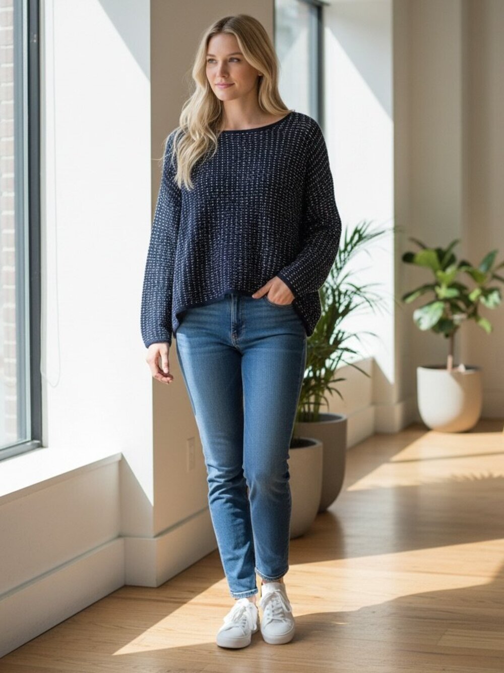 Liv by Habitat Size M Boxy Lightweight Sweater Blue Textured Costal Oversized
